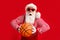 Portrait of his he nice handsome amazed worried nervous fat overweight Santa grandfather playing basketball practicing