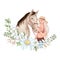 Portrait of a horse and a girl in digital watercolor style and a bouquet of daisies