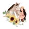 Portrait of a horse and a girl in digital watercolor style and a bouquet of sunflowers and daisies