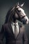 Portrait of a horse in a suit and tie on a dark background - Generative AI