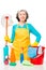 Portrait of a housewife with a mop and cleaning agents