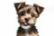 Portrait hungry and funny cute little jork terrier puppy licking it lips with tongue on white background. ai generative