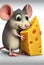 Portrait of a hungry mouse with a piece of cheese. AI generated