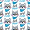Portrait husky puppys and inscription best friend. Dog in a bandana around his neck. Seamless pattern in cartoon style