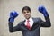 Portrait of an Indian businessman celebrating victory while wearing blue boxing gloves against gray background