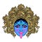 Portrait of Indian Hindi goddess Kali. Female blue head with open moth and out stuck tongue. Destroyer of evil forces