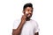 Portrait indian man in white t-shirt about to shave his face after applying shaving cream isolated on white background