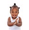 Portrait, infant and baby with a smile, applause and happiness isolated against a white studio background. Face, female