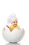 Portrait of a Infant child baby sitting in egg shell with dough rolling pin, isolated on a white background. Children`s Emotions