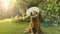 Portrait of an injured Golden Retriever dog with a plastic cone on his neck so that he does not hurt himself in the garden of his