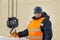 Portrait of installer at unloading ice blocks