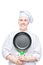 portrait of an isolated chef cook with a frying pan on a white