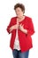 Portrait: Isolated older woman in red has heart problems.