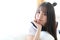 Portrait japanese school girl in white tone bed room