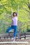 Portrait of Japanewe woman doing yoga tree pose