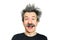 Portrait of jocular aging man with grey long hair smiling with open mouth, in Einstein manner. Isolated on background