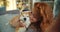Portrait of joyful girl kissing shiba inu dog and taking selfie holding camera