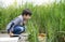 Portrait Kid boy catching creatures in pond with net in summer time,  Child explorer and learning about wild nature in countryside