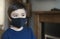 Portrait kid face wearing medical face mask, Mixed race child boy with beautiful brown eyes looking at camera black face mask,