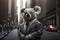 Portrait of a koala in a business suit on the background of the city. Generative ai