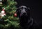 Portrait of a Labrador Retriever dog near the new year`s green tree