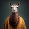 Portrait of lama in human clothing. Creative portrait of wild animal on abstract background. Antropomorphic animal