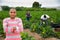 Portrait of latino hired worker on the field