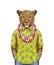 Portrait of Leopard in summer shirt with Hawaiian Lei.