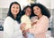 Portrait of lgbt family, women with child and love in multiracial relationship with happy adoption. Diversity, pride and