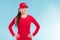 Portrait of lifeguard woman in red cap.