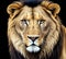 Portrait of lion on black background. Menacing stare African lion. Portrait African lion on black background. Wild cats background