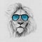 Portrait of lion drawn by hand in pencil in sunglasses