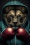 Portrait of a lion in a tracksuit and boxing gloves. AI generated.
