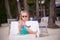 Portrait of little adorable girl on a tropical