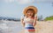 Portrait of little boy in straw hat on summer beach. Concept of kids face close-up. Head shoot children portrait. Summer