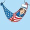 Portrait of little boy in Uncle Sam costume resting in hammock of the American flag, drawn by hand illustration