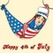 Portrait of little boy in Uncle Sam costume resting in hammock of the American flag, Happy 4th of July, card design