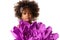 Portrait of a little cute girl with big purple flower origami, isolated