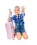 Portrait of a little girl collects suitcase vacation rental