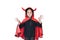 Portrait little girl dressed Halloween costume with face make up. Kid in Dracula robe with frightening expression  on