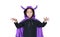 Portrait little girl dressed Halloween costume with face make up. Kid in Dracula robe with frightening expression isolated on