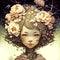 Portrait of little girl with a flowers on her head. Fantasy illustration. Abstract art