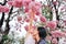Portrait little girl and her mom touching Beautiful Tabebuia rosea blooming in spring season at garden outdoor
