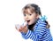 portrait of a little girl holding a paper boat on a white background, travel, cruise, swimming