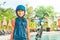 Portrait of a Little girl playing in swimming training pool