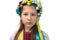 Portrait of a little Ukrainian girl with tearful eyes. Child in national dress