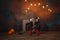 A portrait of little witches sitting on a broom, standing by the fireplace, with pumpkins lying nearby