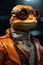 Portrait Lizard Anthropomorphic in orange colour suit. Generative AI