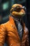 Portrait Lizard Anthropomorphic in orange colour suit holding. Generative AI