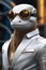 Portrait Lizard Anthropomorphic in white colour suit holding. Generative AI